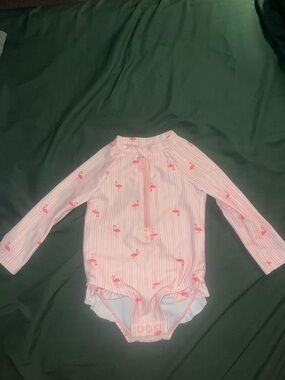 Carter's Pink and White Striped Flamingo Zip Front Swimsuit